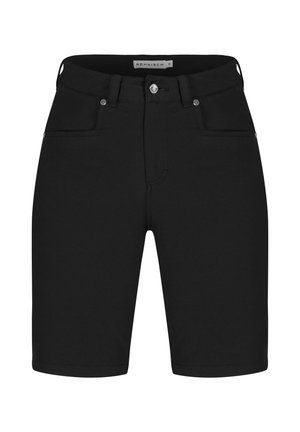 Zwarte denim shorts met een nauwsluitend ontwerp, voorzien van twee steekzakken aan de voorkant en een knoopsluiting. Gladde textuur en een knielengte.