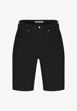 Zwarte denim shorts met een nauwsluitend ontwerp, voorzien van twee steekzakken aan de voorkant en een knoopsluiting. Gladde textuur en een knielengte.