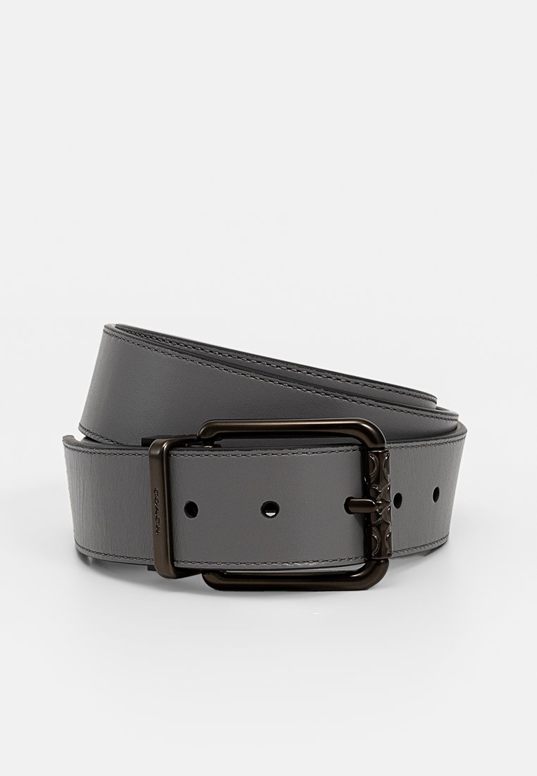 Leather belt in gray with a matte finish, rectangular metal buckle in dark tone, features evenly spaced holes along the strap.