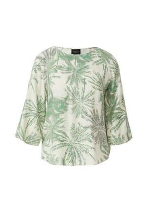 Blouse blanche avec motifs de feuilles de palmier vert clair et gris, manches larges trois-quarts et col rond.