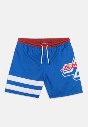 Blauwe zwemshorts met een rode elastische tailleband, witte trekkoorden, twee witte horizontale strepen op het linkerbeen en een rood-wit logo op het rechterbeen.
