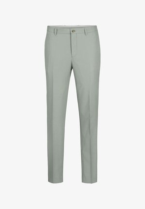 Pantaloni su misura grigio chiaro con una texture liscia, design dritto, tasche frontali e chiusura con un singolo bottone in vita.