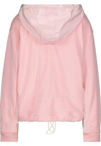 Hoodie cropped in morbido tessuto rosa con cappuccio in poliestere liscio. Presenta un cordino, polsini a coste e cuciture che mettono in risalto la schiena.