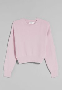 Pull court rose clair, doté d'une texture douce, d'un col rond et de manches longues avec poignets et ourlet côtelés.