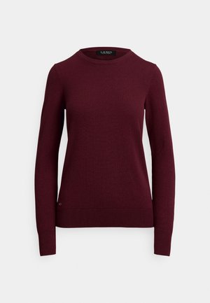 Burgundy pullover sweater made of soft, lightweight knit fabric, featuring a ribbed hem and cuffs, with a round neckline and no patterns.