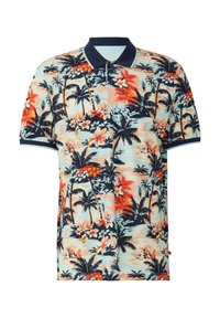 Polo à manches courtes en coton, arborant un motif floral tropical dans des nuances de bleu, orange et vert, avec un col navy.