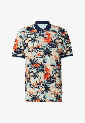 Koszulka polo z krótkim rękawem wykonana z bawełny, z tropikalnym wzorem kwiatowym w odcieniach niebieskiego, pomarańczowego i zielonego, z granatowym kołnierzykiem.