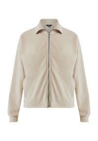 Beige zip-jacka med en mjuk textur, med en nedvikbar krage och ribbade ärmslut, designad med en avslappnad passform och sidofickor.