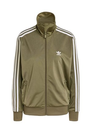 Giacca zip-up verde oliva in poliestere liscio, con strisce bianche lungo le maniche e un piccolo logo bianco sul petto.