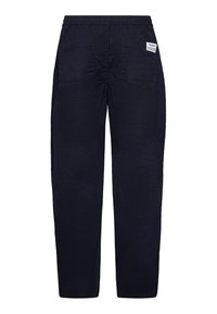 Marineblå, afslappede bukser lavet af letvægtsstof. Har en elastisk talje, to baglommer og et minimalt mærke.