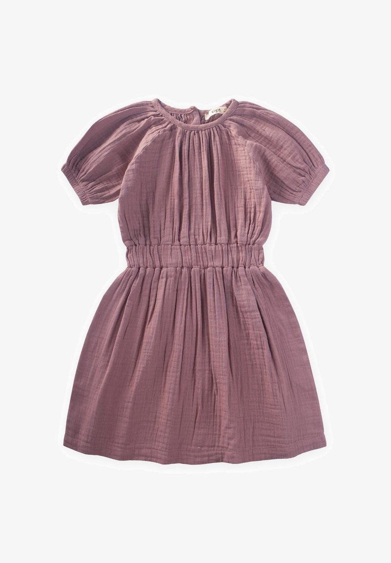 Short-sleeved, purple dress with a round neckline, gathered bodice, and elastic waist. Made from lightweight, textured fabric.