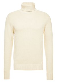Krämfärgad polokrage-sweater av mjukt tyg. Har långa ärmar, ribbad halsringning och muddar, med en slät yta och minimalistisk design.