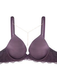 Purple lace bra with smooth padded cups, narrow straps, and decorative gold chain detail connecting the cups, highlighting intricate texture.
