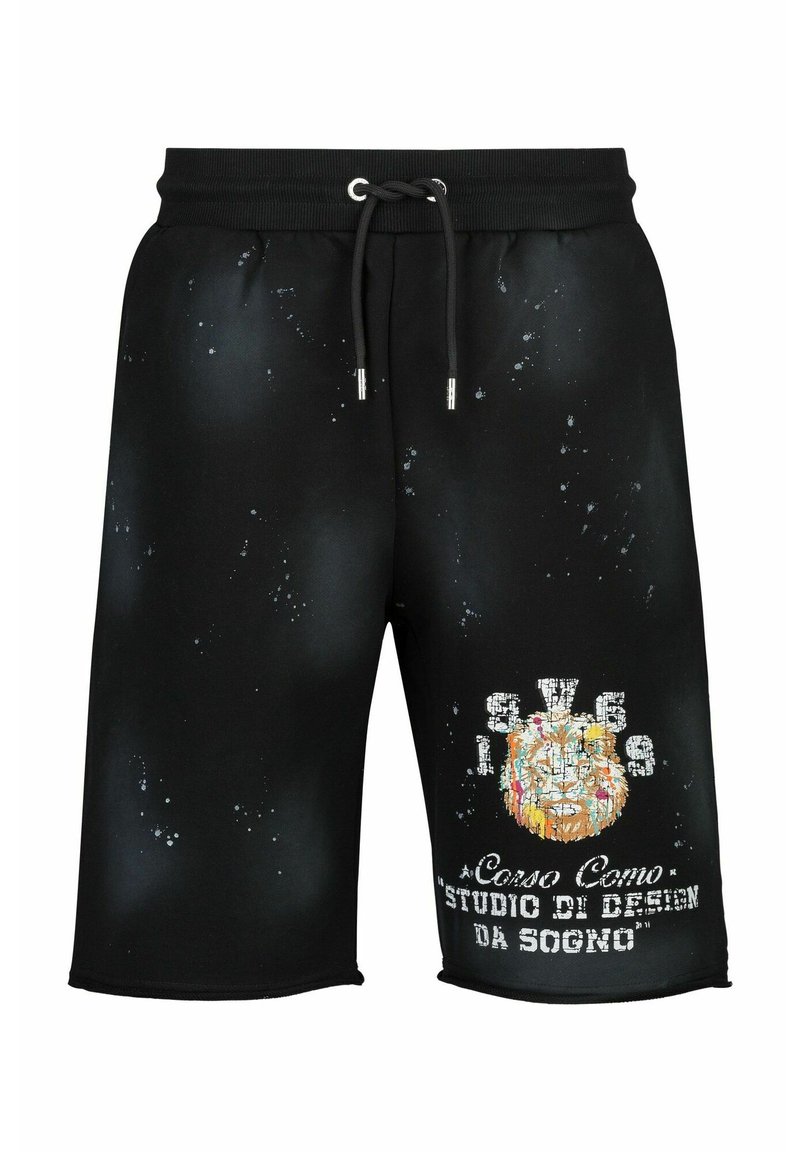 Zwarte katoenen shorts met een elastische tailleband met trekkoord, versierd met een kleurrijke leeuwengrafiek en tekst; het spetterpatroon benadrukt het design.