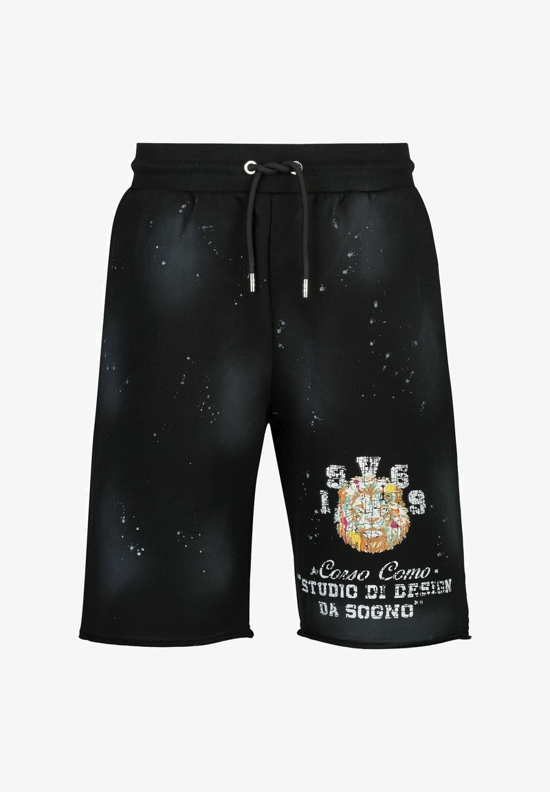 Zwarte katoenen shorts met een elastische tailleband met trekkoord, versierd met een kleurrijke leeuwengrafiek en tekst; het spetterpatroon benadrukt het design.