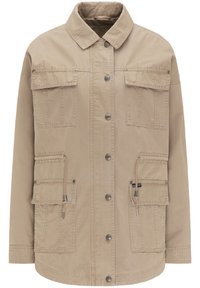 Beige Arbeitsjacke mit Knopfleiste vorne, vier Taschen an der Vorderseite und Kordelzug in der Taille. Hergestellt aus einem weichen, strukturierten Stoff.