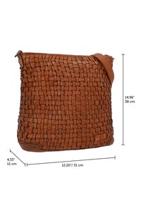 Brown leather crossbody bag with woven texture, adjustable strap, and dimensions marked: 38 cm height, 31 cm width, 11 cm depth.