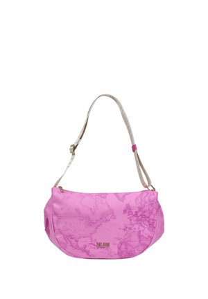 Sac à épaule rose avec une bandoulière beige réglable, arborant un motif carte du monde et un petit logo « 1CLASSE » à l'avant.