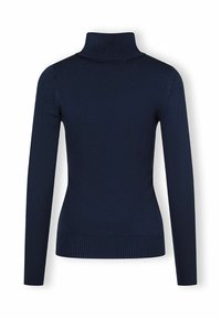 Mornarsko modra pulover s turtleneck ovratnikom in dolgimi rokavi, rebrasta tekstura na ovratniku in robu, prilegajoča se zasnova, brezšivna konstrukcija.
