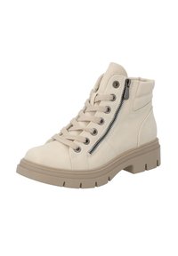 Beiga högskor tillverkade av texturerat läder, med snörning fram, sidodragkedja och en kraftig gummisula.