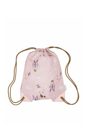 Rucsac roz cu șireturi maro, decorat cu baloane cu aer cald în formă de iepuraș mov, zmeie, nori și modele mici cu papioane.