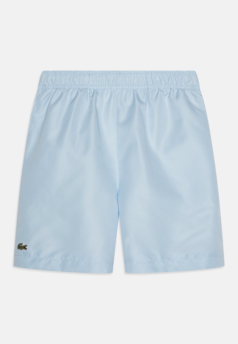 Ανοιχτό μπλε σορτς κολύμβησης από λείο ύφασμα, με ελαστική ζώνη στη μέση και ένα μικρό κεντημένο λογότυπο στην κάτω αριστερή πλευρά.