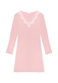 Rochie de noapte roz cu mâneci lungi și decolteu în formă de V, căptușită cu dantelă. Prezintă o textură moale și margini cu dantelă pe mâneci și tiv.