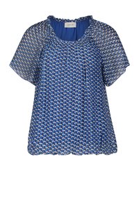 Modrá halenka s krátkými rukávy, s nařaseným výstřihem, se geometrickým vzorem v bílé a světle modré barvě na průhledném materiálu.