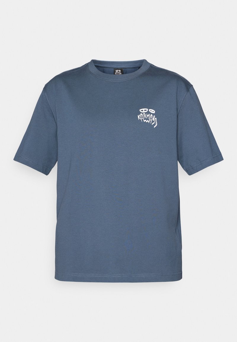 Blue crewneck T-shirt with short sleeves and small white graphic logo on left chest area.