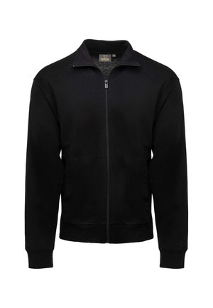 Felpa nera con zip realizzata in materiale morbido. Presenta un colletto, maniche lunghe e polsini a costine, con una texture liscia e senza pattern visibili.