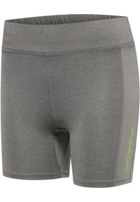 Grå högmidjade träningsshorts i sträckbart tyg, med platta sömmar och en liten logotyp i starkt grönt på sidan.
