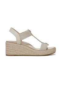 Beige wedge sandals with woven fabric straps, a T-bar design, and a textured, braided rope platform for enhanced comfort.