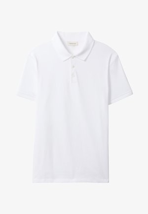 Bílé bavlněné polo tričko s klasickým límcem, tříknoflíkovou légou, krátkými rukávy a jemnou výšivkou loga na hrudi.