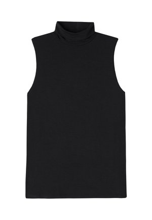 Top negro sin mangas con cuello alto, bajo recto y diseño ajustado.