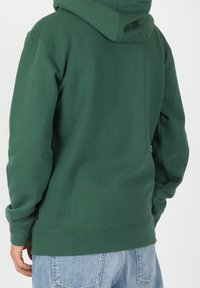 Sudadera verde con capucha hecha de tela suave, con bolsillo tipo canguro, puños acanalados y un ajuste holgado. Detalles de costuras visibles.