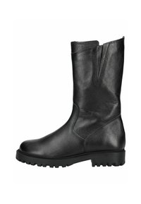 Botte noire en cuir montant jusqu'au genou, avec une texture lisse, un bout arrondi et une semelle robuste. Présente un design fendu au niveau du tige pour un enfilage facile.