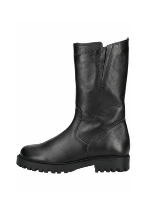 Stivale alto in pelle nera con texture liscia, punta arrotondata e suola robusta. Presenta un design a spacco sulla gamba per una facile indossatura.