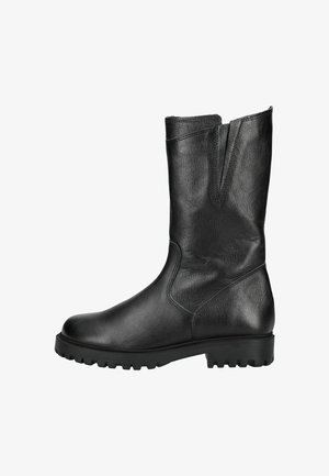 Black leather knee-high boot with a smooth texture, rounded toe, and rugged sole. Features a split design at the shaft for easy wear.