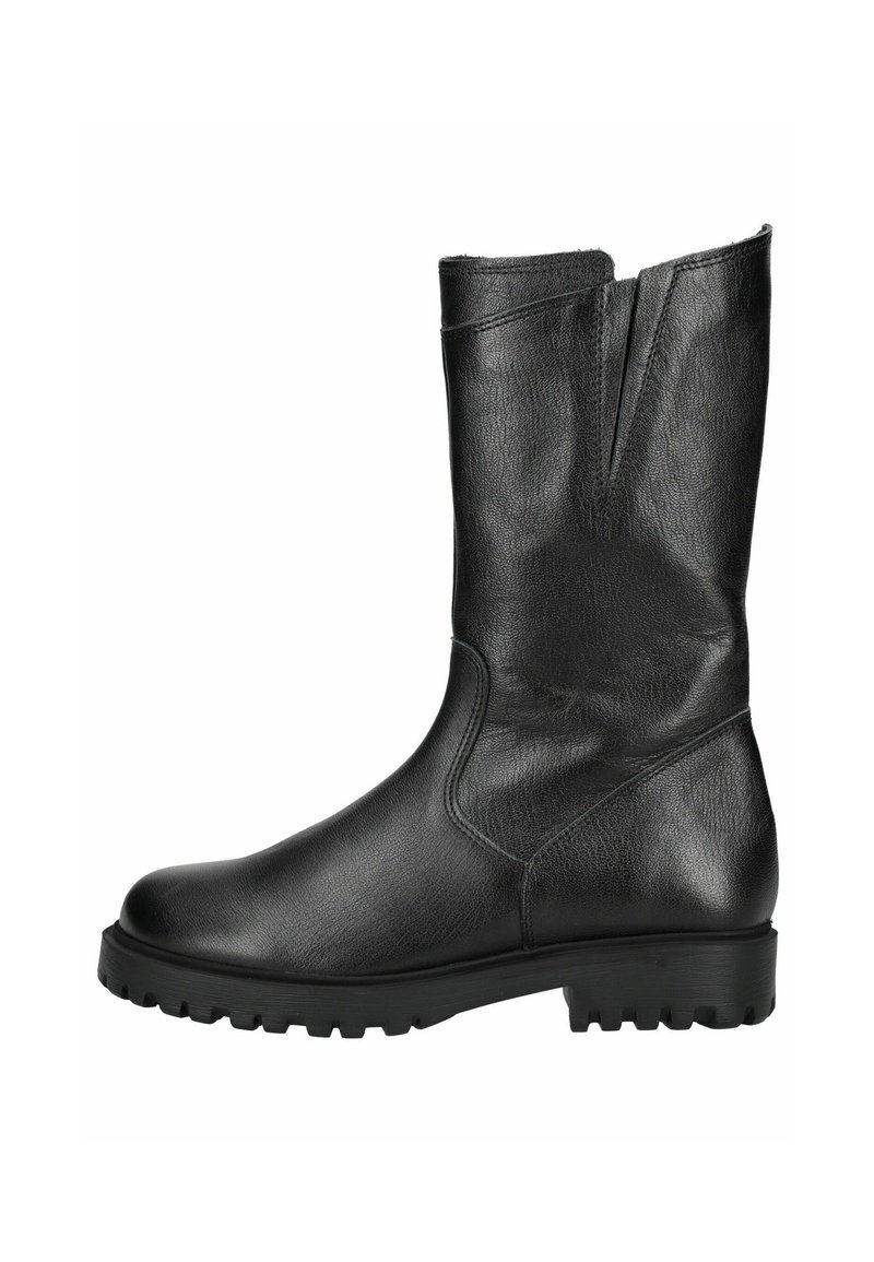 Botte noire en cuir montant jusqu'au genou, avec une texture lisse, un bout arrondi et une semelle robuste. Présente un design fendu au niveau du tige pour un enfilage facile.