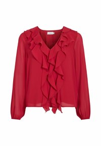 Blusa rossa in chiffon con maniche lunghe, scollo a V e molteplici volant lungo la parte anteriore. Presenta una vestibilità comoda e polsini elastici.
