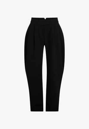 Black tailored pants with a high waistband, featuring front pleats, a smooth texture, and tapered legs for a fitted silhouette.