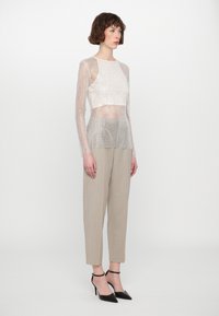 Sølvmesh langermet topp med et croppet design, kombinert med lyse beige vide bukser og svarte spisse hæler med ankelstropper.