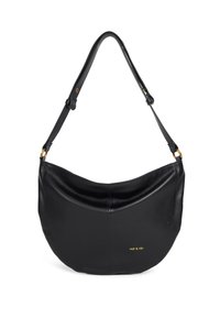 Schwarze Leder-Umhängetasche mit geschwungenem Design, glatter Textur und goldfarbenem Logo-Akzent. Verstellbarer Riemen für Vielseitigkeit.