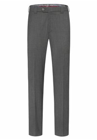 Graue Hose aus einem strukturierten Material, mit einem geraden Bein, Gürtelschlaufen und einem Knopfverschluss mit einem gemusterten innenseitigen Taillenbund.