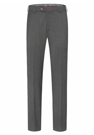 Grijze broek van een gestructureerd materiaal, met een recht model, riemlussen en een knoopsluiting met een patroon aan de binnenband.