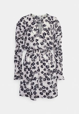 Robe à manches longues avec imprimé floral noir et gris, taille élastique, manches froncées et décolleté goutte d’eau avec détail noué.