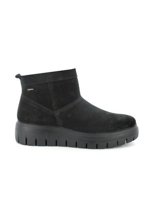Stivaletti alla caviglia in suede nero dal design elegante, con una tomaia texturizzata, punta rotonda e una suola in gomma spessa con dettagli scanalati.