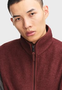 Lukket fleecejakke i dyb burgundy med en blød tekstur, høj krave og kontrasterende grå ærmer. Har en sort lynlås.