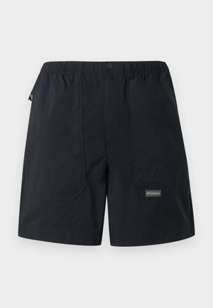 Zwarte, lichte korte broek met elastische tailleband, zakken aan de voorkant, knoopsluiting en klein Columbia-logo op het onderste rechterbeen.