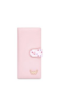 Light pink wallet with a smooth texture, featuring a polka dot closure and gold hardware. Simple design with rounded edges.
